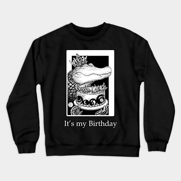 Alligator & Crystal Cake - It's My Birthday - White Outlined Version Crewneck Sweatshirt by Nat Ewert Art